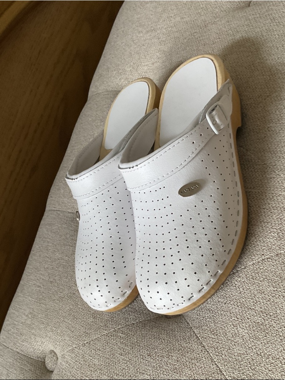 White Perforated Leather Clogs with Buckle Accent Size 38